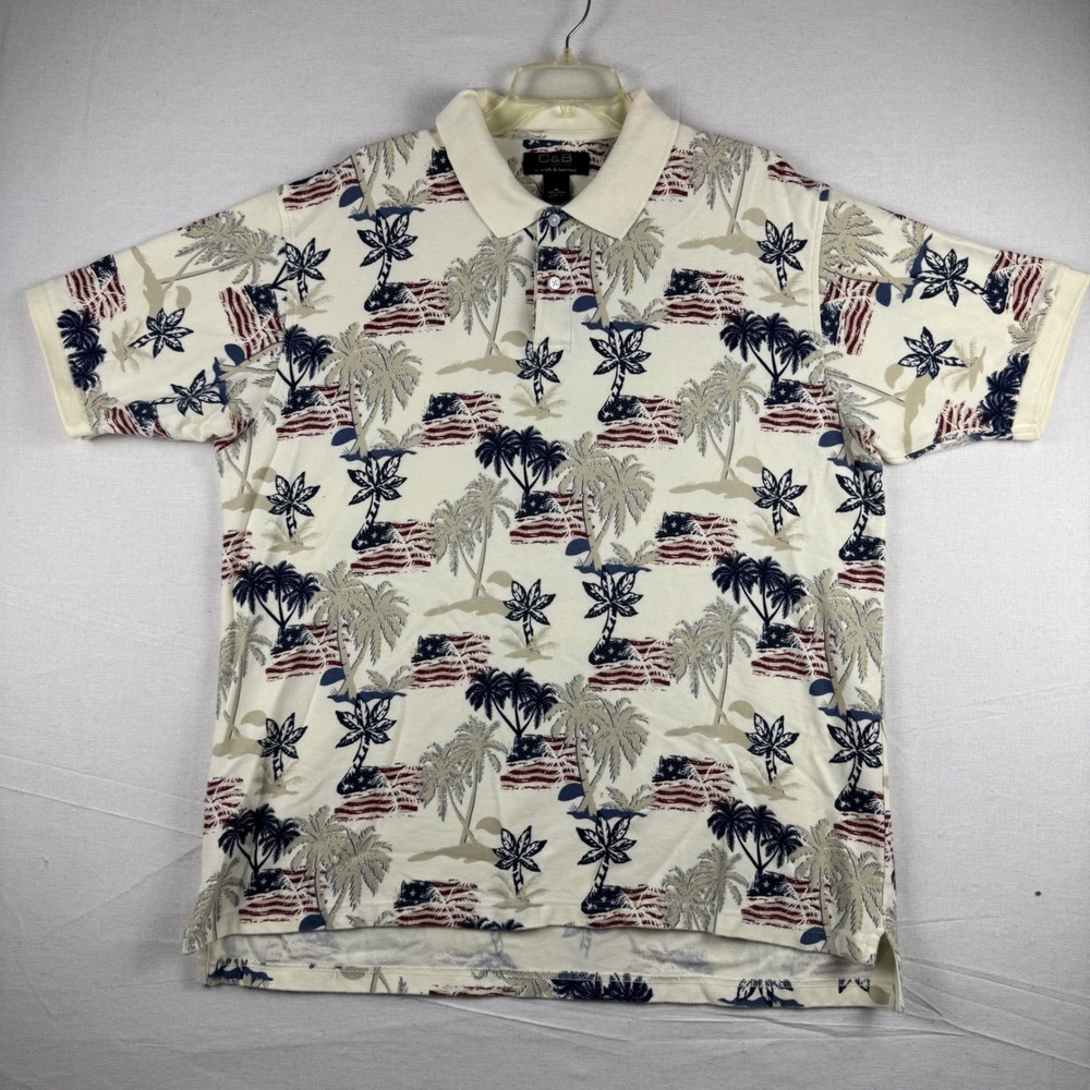 C&B Sport Croft & Barrow Mens XL Polo Shirt American Flag Palm Tree Tropical Tan